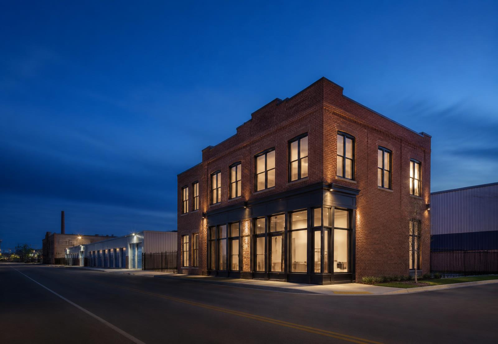 A restored brick commercial building lit at dusk