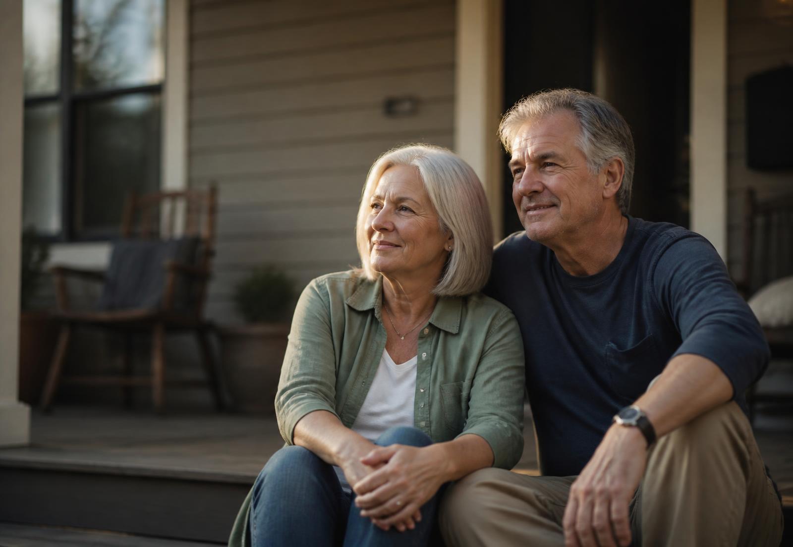A retired couple sitting on the porch of their home