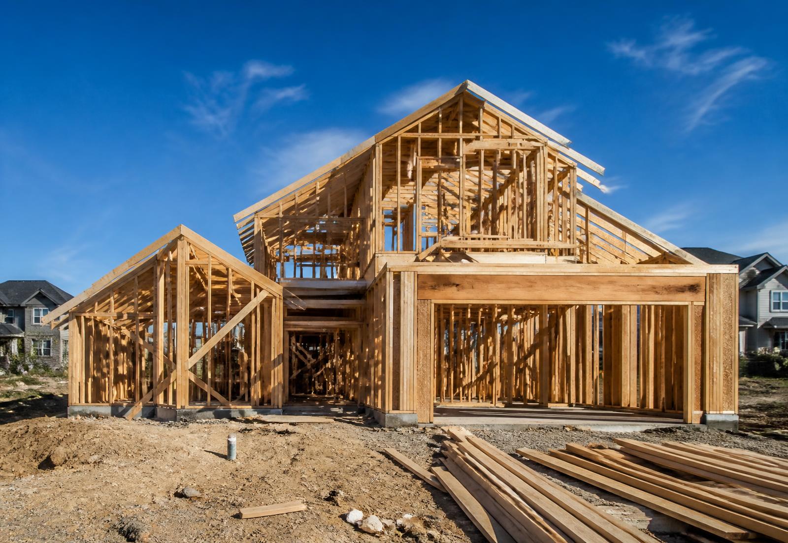 A new home under construction at the framing stage